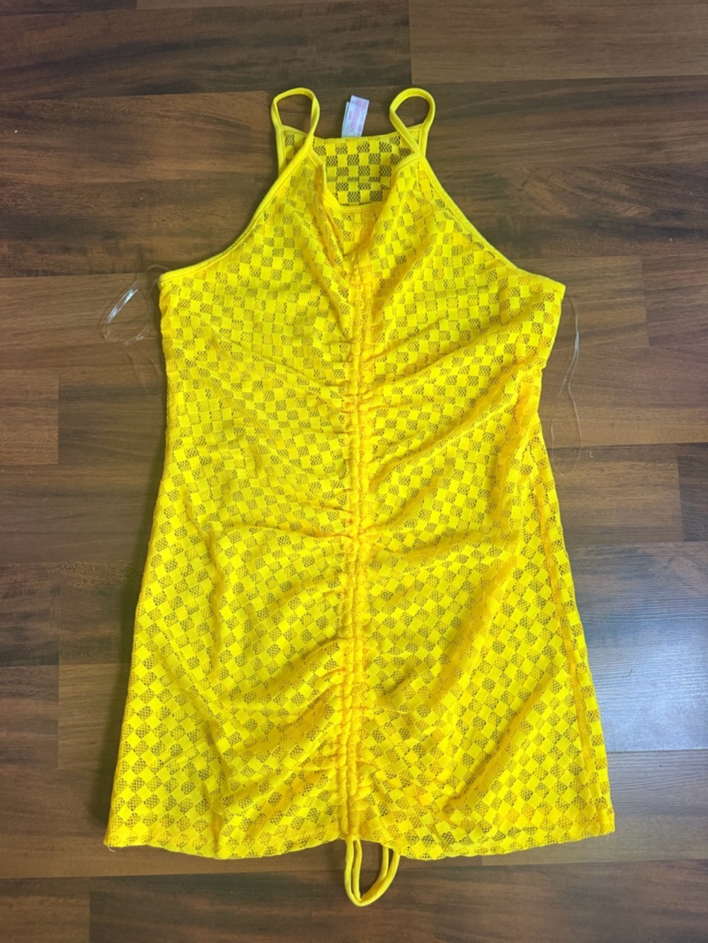 Y2K Yellow Checkered Mesh Swim Cover Up 💛 Ruched Beach Dress M